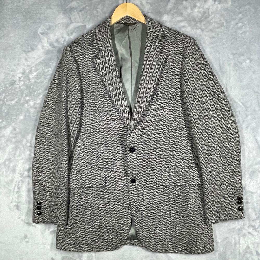 Harris Tweed Mens Grey Herringbone Scottish Wool Blazer Sport Coat 42L USA - Picture 2 of 11
